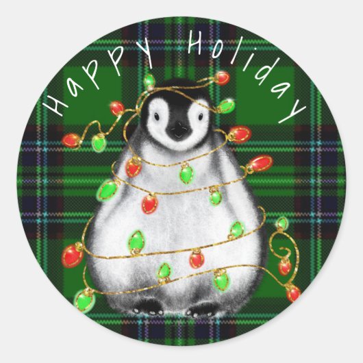 Holiday Festive Penguin, roodgekleurde groene lich Ronde Sticker (Voorkant)