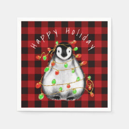 Holiday Festive Penguin, roodgekleurde groene lich Servet