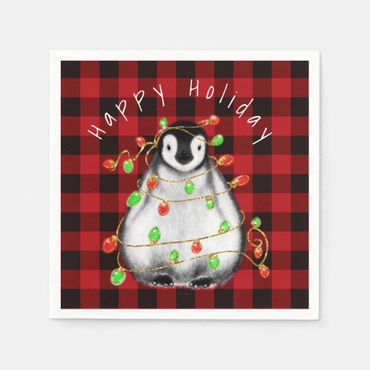 Holiday Festive Penguin, roodgekleurde groene lich Servet (Voorkant)