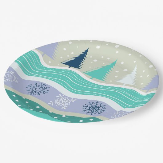 Holiday Fir Trees Snowflakes Sneeuwkerst Papieren Bordje (Gekanteld)