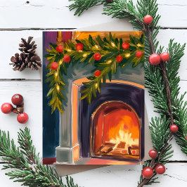 Holiday Fireplace | Christmas Garland Painted Card Feestdagenkaart