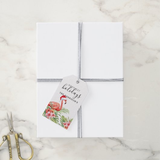 Holiday Flamingo Floral Kerstmis op maat Cadeaulabel (Met Touw)
