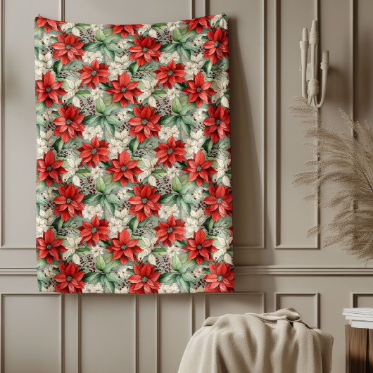 Holiday Floral Blanket Red Poinsettia Cozy Throw Fleece Deken