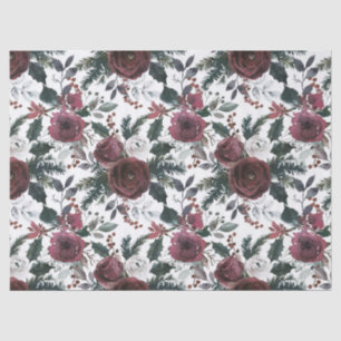 Holiday Floral Burgundy Rozen Green Pine en Holly Tissuepapier