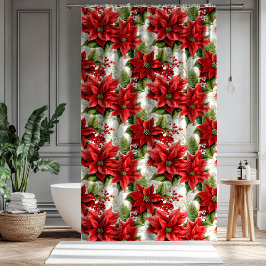 Holiday Floral Curtain Red Poinsettia Décor Douchegordijn