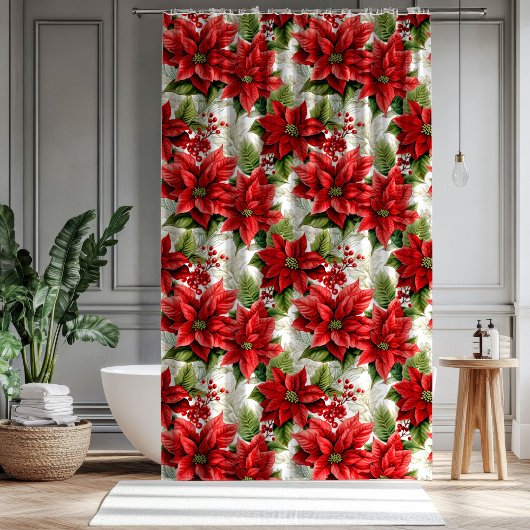 Holiday Floral Curtain Red Poinsettia Décor Douchegordijn