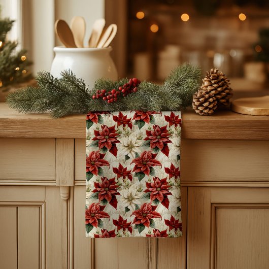 Holiday Floral Towel Classic Red Poinsettia Art Theedoek