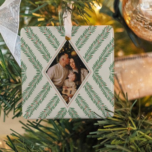 Holiday Foliage Quadrant Ivory and Green Keramisch Ornament