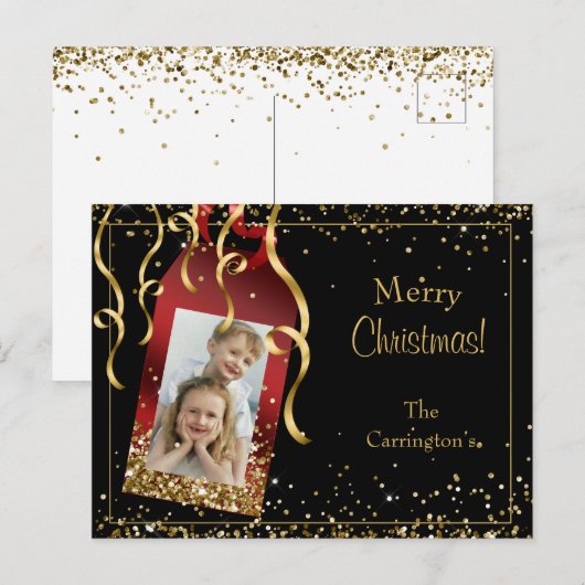 Holiday Foto Gold Glitter-script kerst Briefkaart (Voorkant / Achterkant)