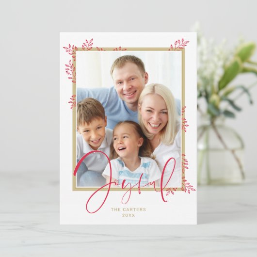 HOLIDAY FOTO stijlvol botanisch rood goud fijn Feestdagenkaart (Staand voorkant)