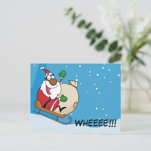 Holiday Fun Black Santa Claus Riding Sled Feestdagenkaart (Staand voorkant)