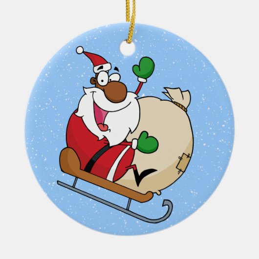 Holiday Fun Black Santa Claus Riding Sled Keramisch Ornament (Voorkant)