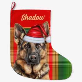 Holiday German Shepherd Plaid with Dog's Name Grote Kerstsok