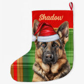 Holiday German Shepherd Plaid with Dog's Name Grote Kerstsok (Achterkant)