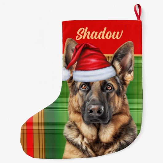 Holiday German Shepherd Plaid with Dog's Name Grote Kerstsok (Achterkant)