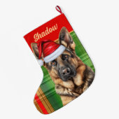 Holiday German Shepherd Plaid with Dog's Name Grote Kerstsok (Achterkant (Hangend))