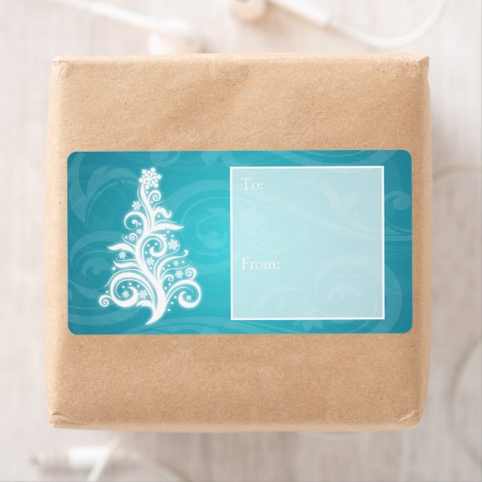 Holiday Gift Label Swirly Christmas Tree Blauw (Insitu)