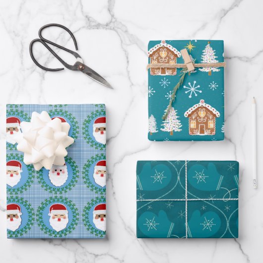 Holiday Gift Wrap Trio in blauw en rood Inpakpapier Vel (Voorkant)