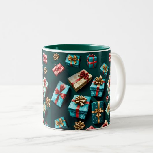Holiday Gifts Stylish Wrap Gold Blue Red  Tweekleurige Koffiemok (Voorkant rechts)