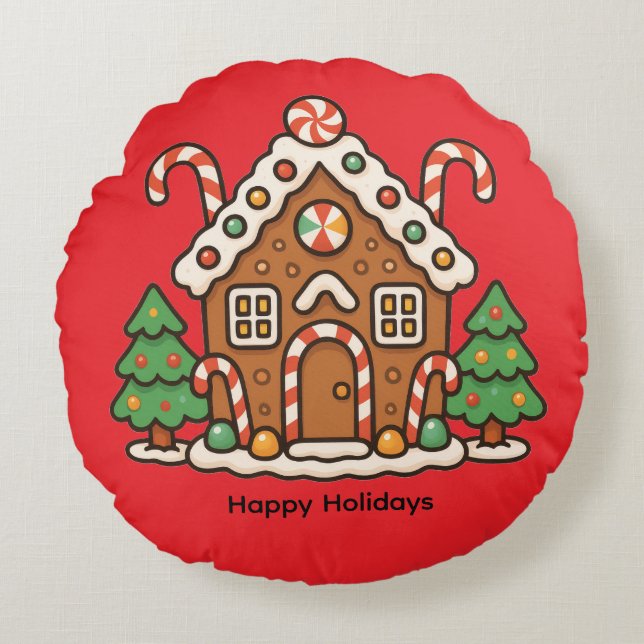 Holiday Gingerbread House Rond Kussen (Voorkant)