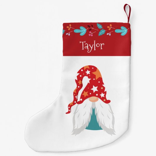 Holiday Gnome Modern Red Leaf Border Naam Schattig Kleine Kerstsok (Achterkant)