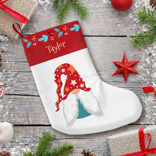 Holiday Gnome Modern Red Leaf Border Naam Schattig Kleine Kerstsok