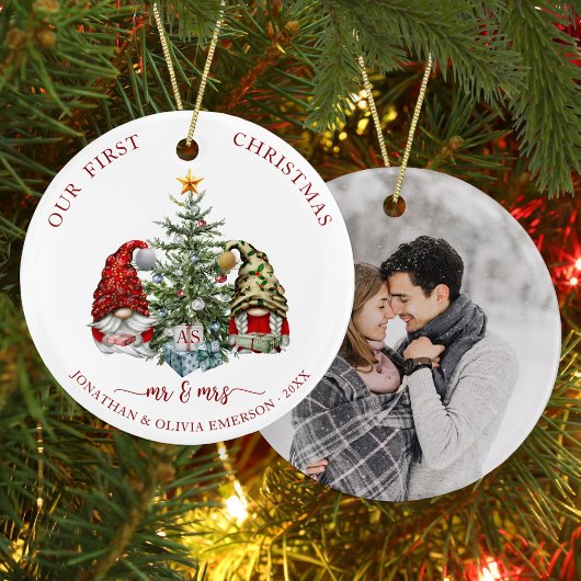 Holiday Gnomen Eerste Kerstmis Mr. en Mrs. Foto Keramisch Ornament