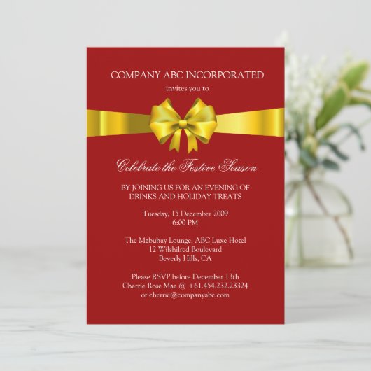 Holiday Gold Ribbon Illustration Corporate Party Kaart (Staand voorkant)