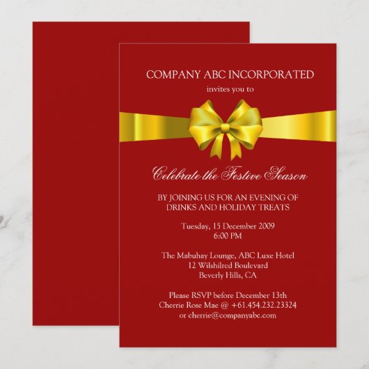 Holiday Gold Ribbon Illustration Corporate Party Kaart (Voorkant / Achterkant)