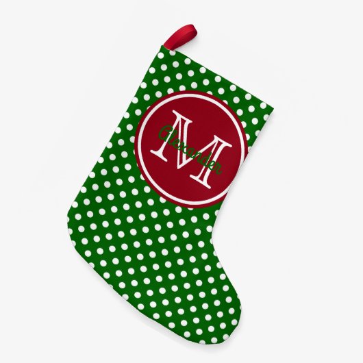 Holiday Green en Red Polka Dot Monogram Kleine Kerstsok (Voorkant (Hangend))