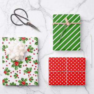 Holiday Green Holly Red Berries Polka Dots Patroon Inpakpapier Vel