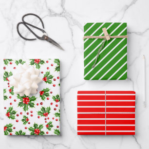 Holiday Green Holly Red Berries Stripes Patroon Inpakpapier Vel