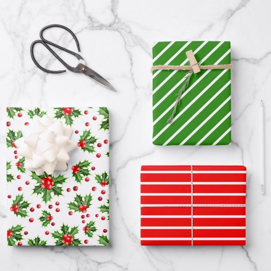 Holiday Green Holly Red Berries Stripes Patroon Inpakpapier Vel (Voorkant)