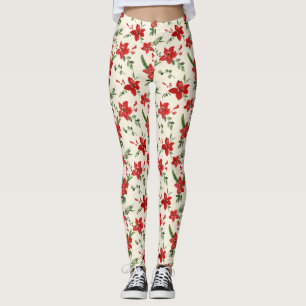 Holiday Green Holly Red Floral Kerstmis Pattern Leggings