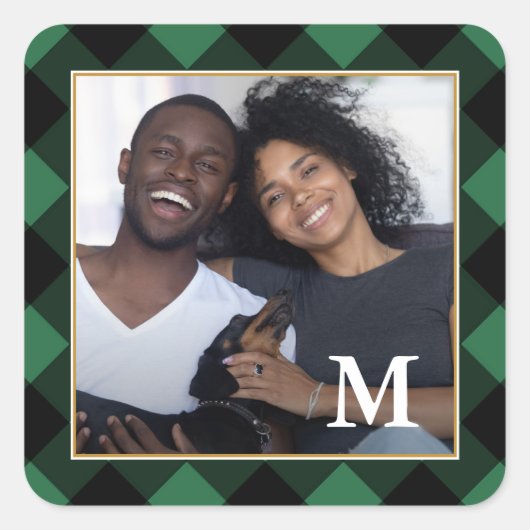 Holiday Green Play met Monogram Foto Vierkante Sticker (Voorkant)