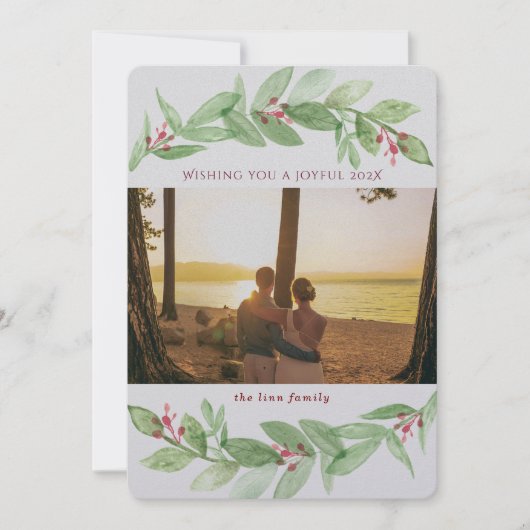 Holiday Greenery Berries Joyful Family Foto Feestdagenkaart (Voorkant)