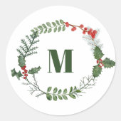 Holiday Greenery & Berry Initiaal Envelope Seal Ronde Sticker (Voorkant)