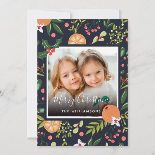 Holiday Greenery en Citrus Foto Kerstmis Kaart (Voorkant)