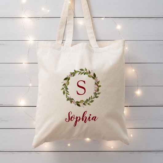 Holiday Greenery Wreator Monogram Rebruikbare Gift Tote Bag