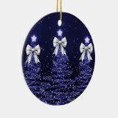 Holiday Greeting Navy Blue Christmas Trees Silver Keramisch Ornament (Rechts)