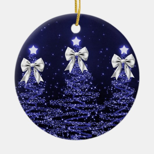 Holiday Greeting Navy Blue Christmas Trees Silver Keramisch Ornament (Voorkant)