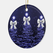 Holiday Greeting Navy Blue Christmas Trees Silver Keramisch Ornament (Links)