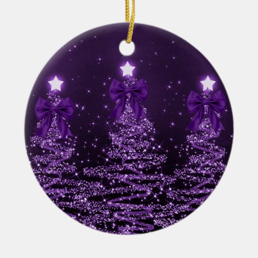 Holiday Greeting Purple Christmas Trees Bows Keramisch Ornament (Voorkant)