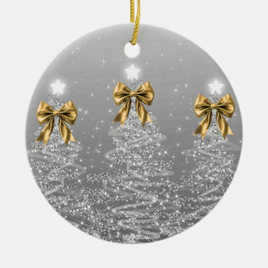 Holiday Greeting Silver Christmas Trees Gold Bows Keramisch Ornament (Voorkant)