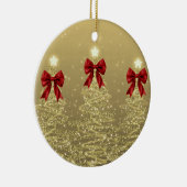 Holiday Greetings Gold Christmas Trees w/ Red Bows Keramisch Ornament (Rechts)