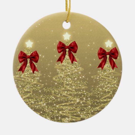 Holiday Greetings Gold Christmas Trees w/ Red Bows Keramisch Ornament (Voorkant)