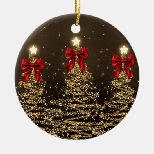 Holiday Greetings Gold Christmas Trees w/ Red Bows Keramisch Ornament (Voorkant)
