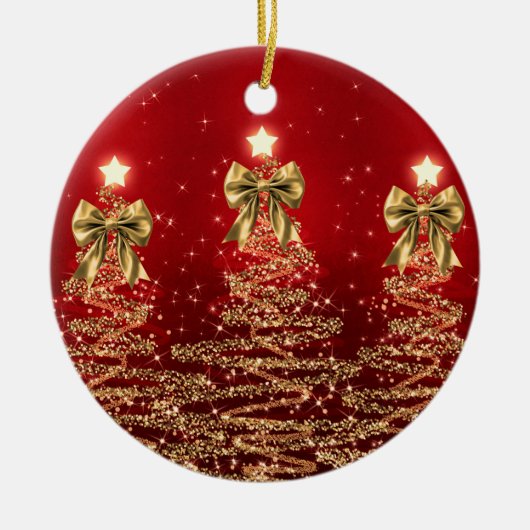 Holiday Greetings Gold Red Christmas Trees w/ Bows Keramisch Ornament (Voorkant)