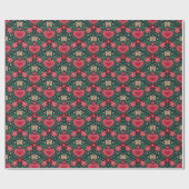Holiday Hearts & Flowers Pattern–Red, Green & Gold Cadeaupapier (Vlak)