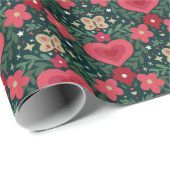 Holiday Hearts & Flowers Pattern–Red, Green & Gold Cadeaupapier (Rol Hoek)